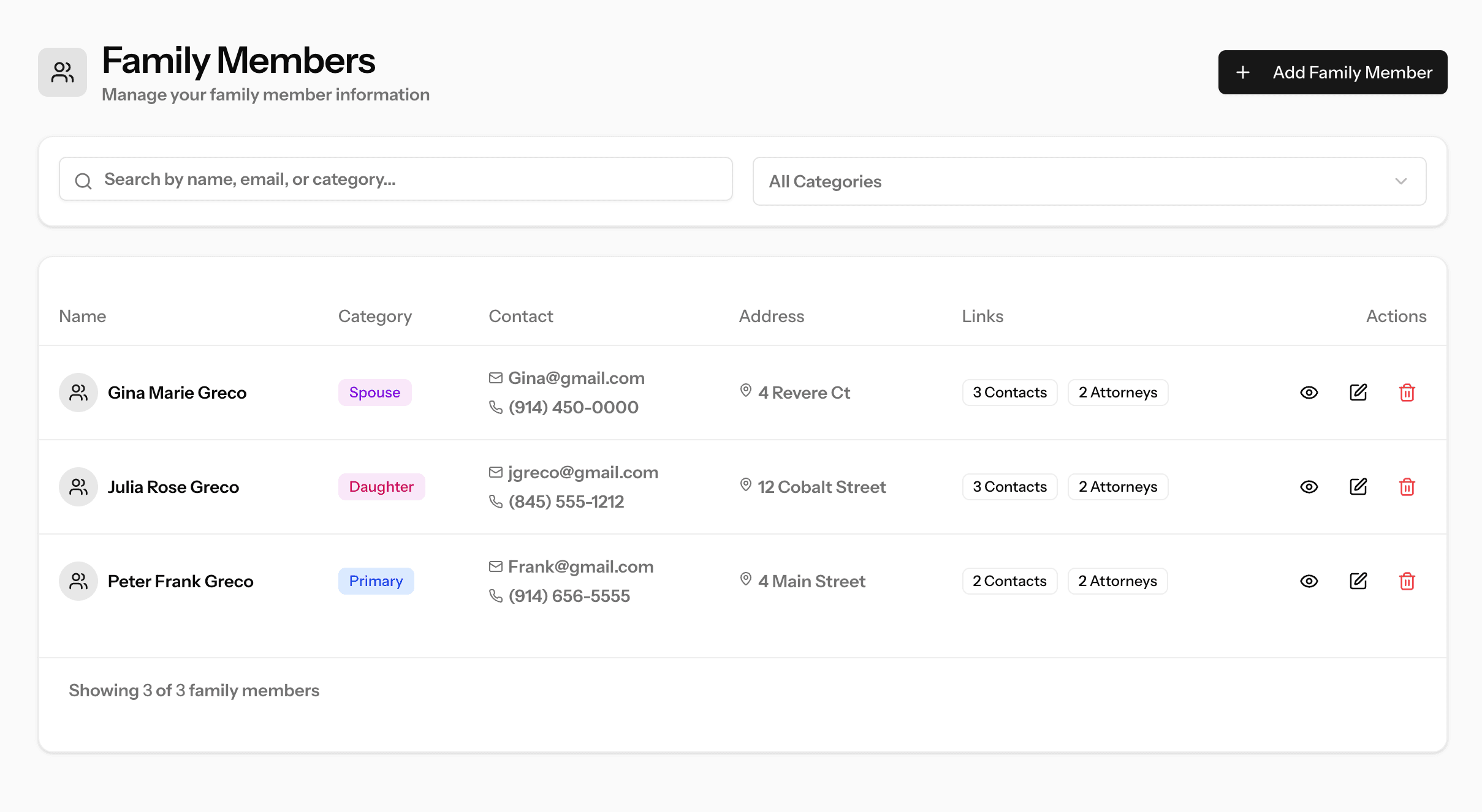 Family members dashboard card