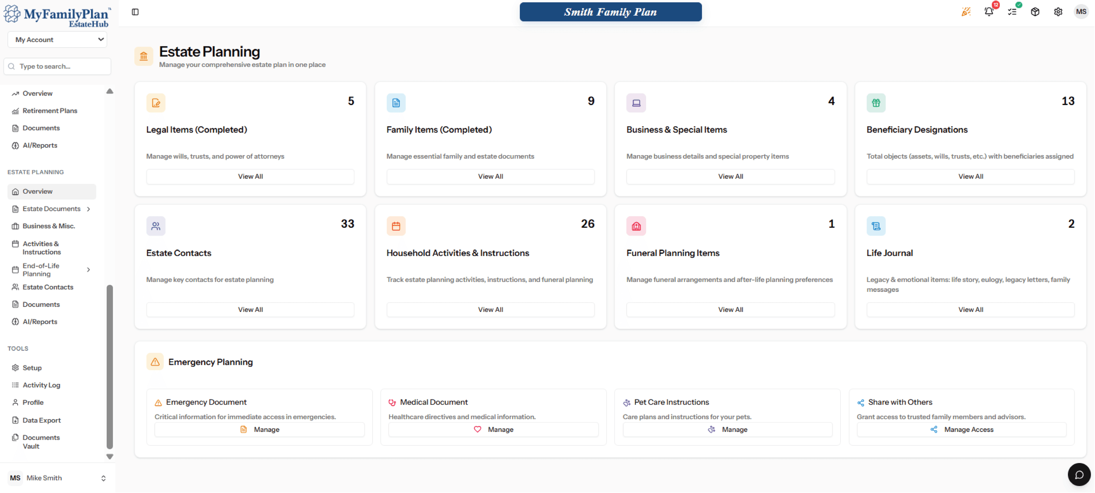EstateHub estate planning dashboard