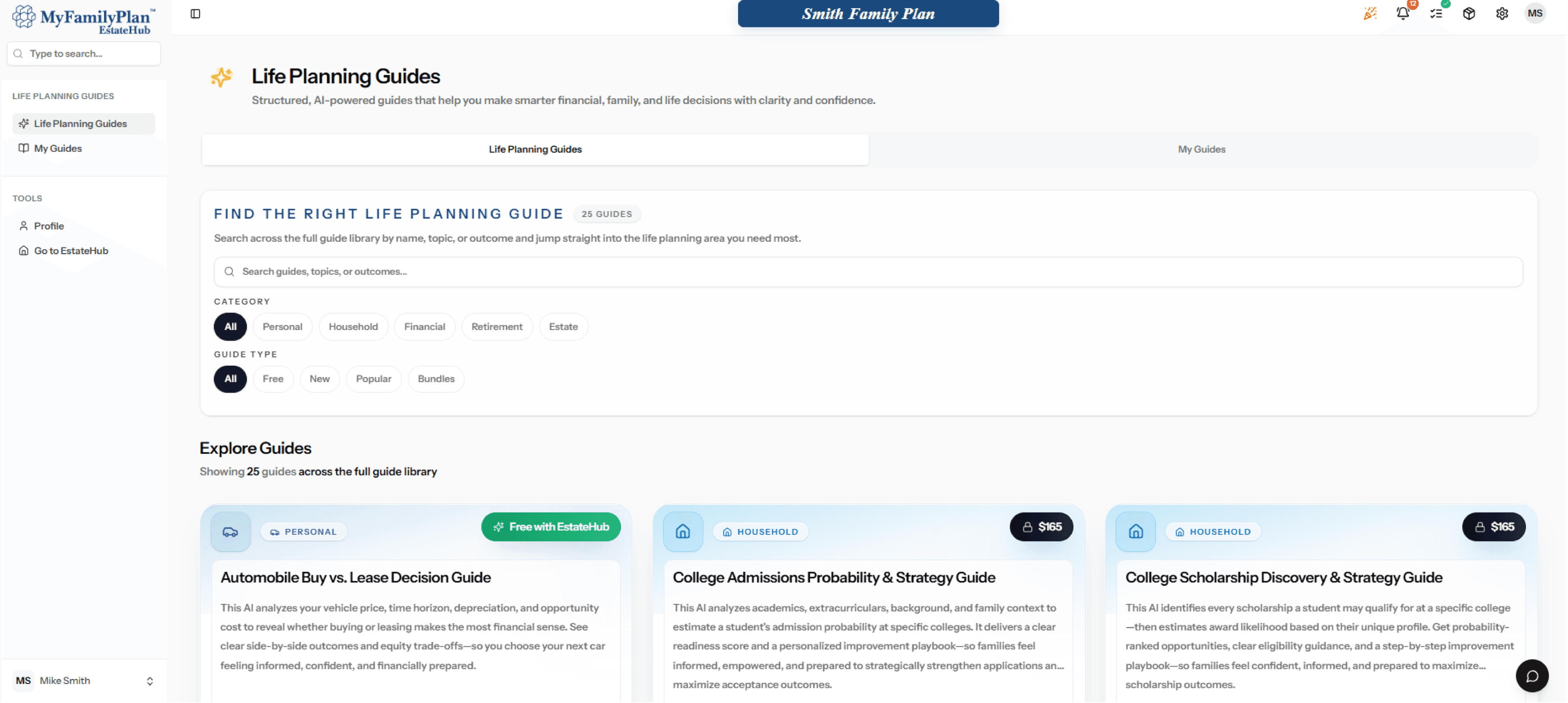 MyFamilyPlan EstateHub Life Planning Guides dashboard