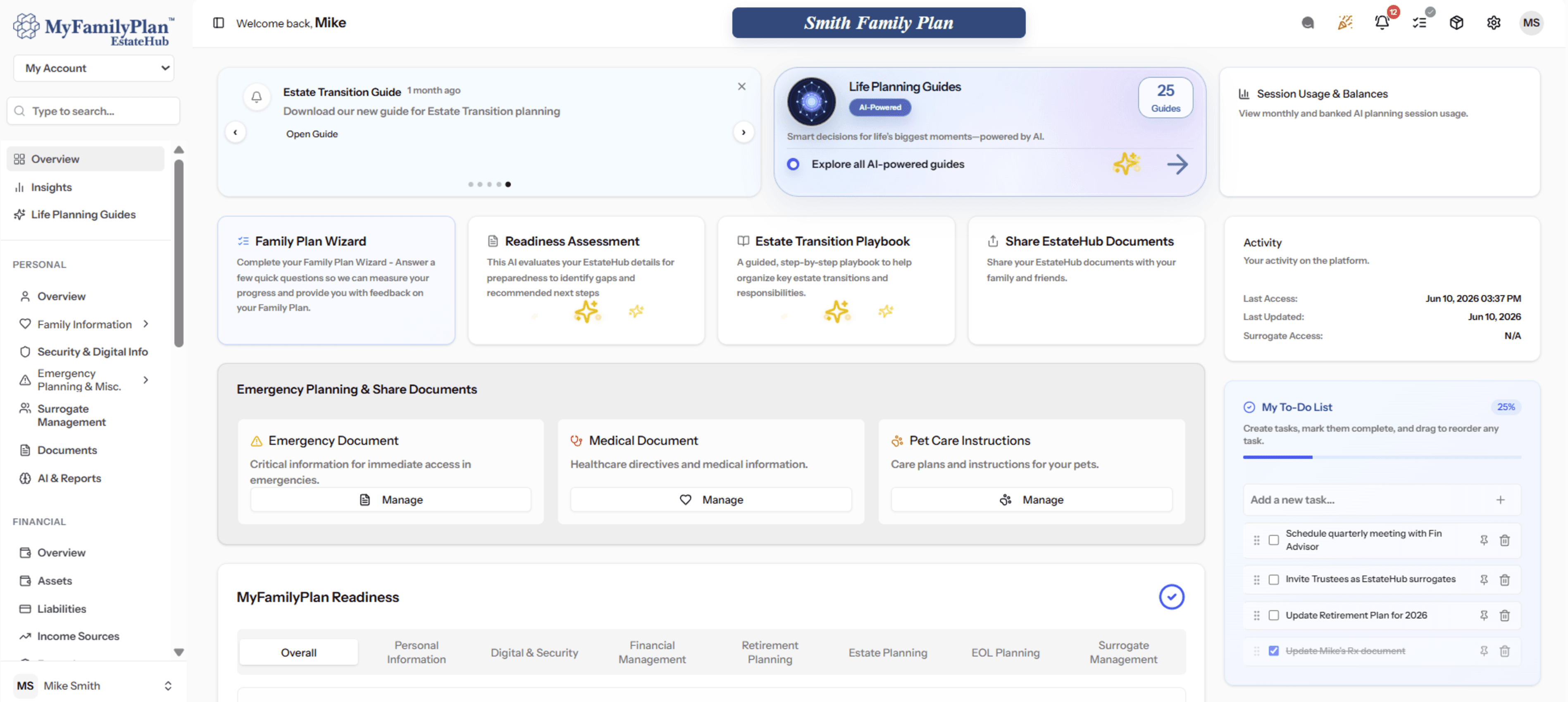 MyFamilyPlan EstateHub readiness dashboard