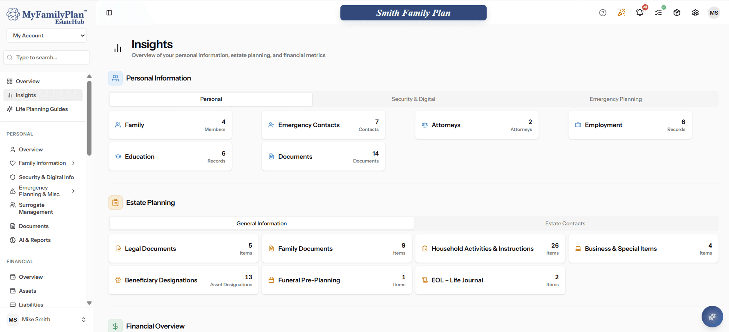 MyFamilyPlan EstateHub Life Planning Guides dashboard
