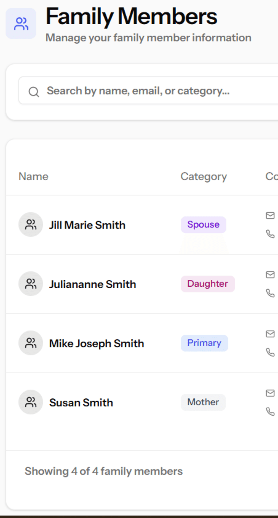 Family members dashboard card