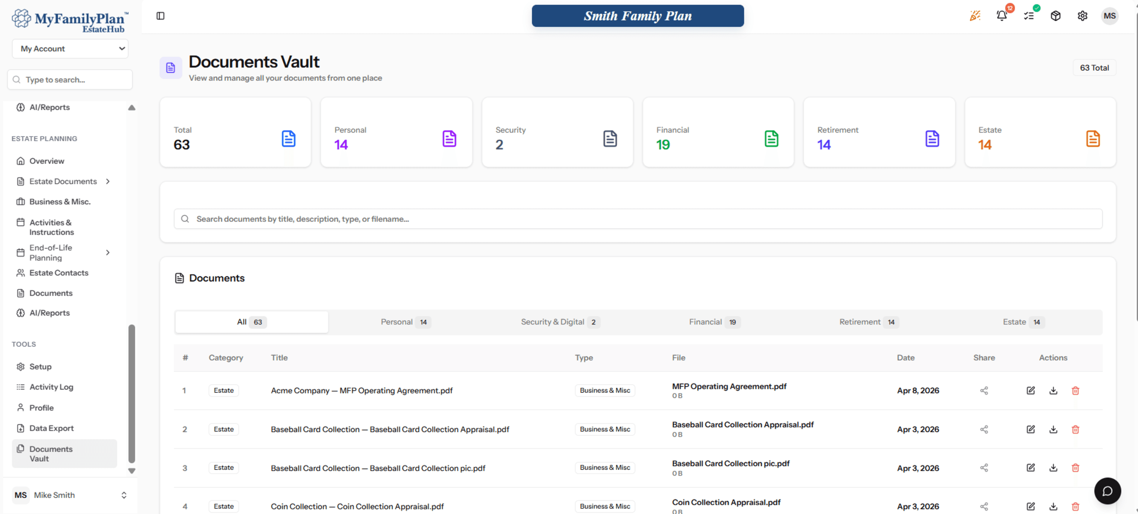 Secure document storage dashboard