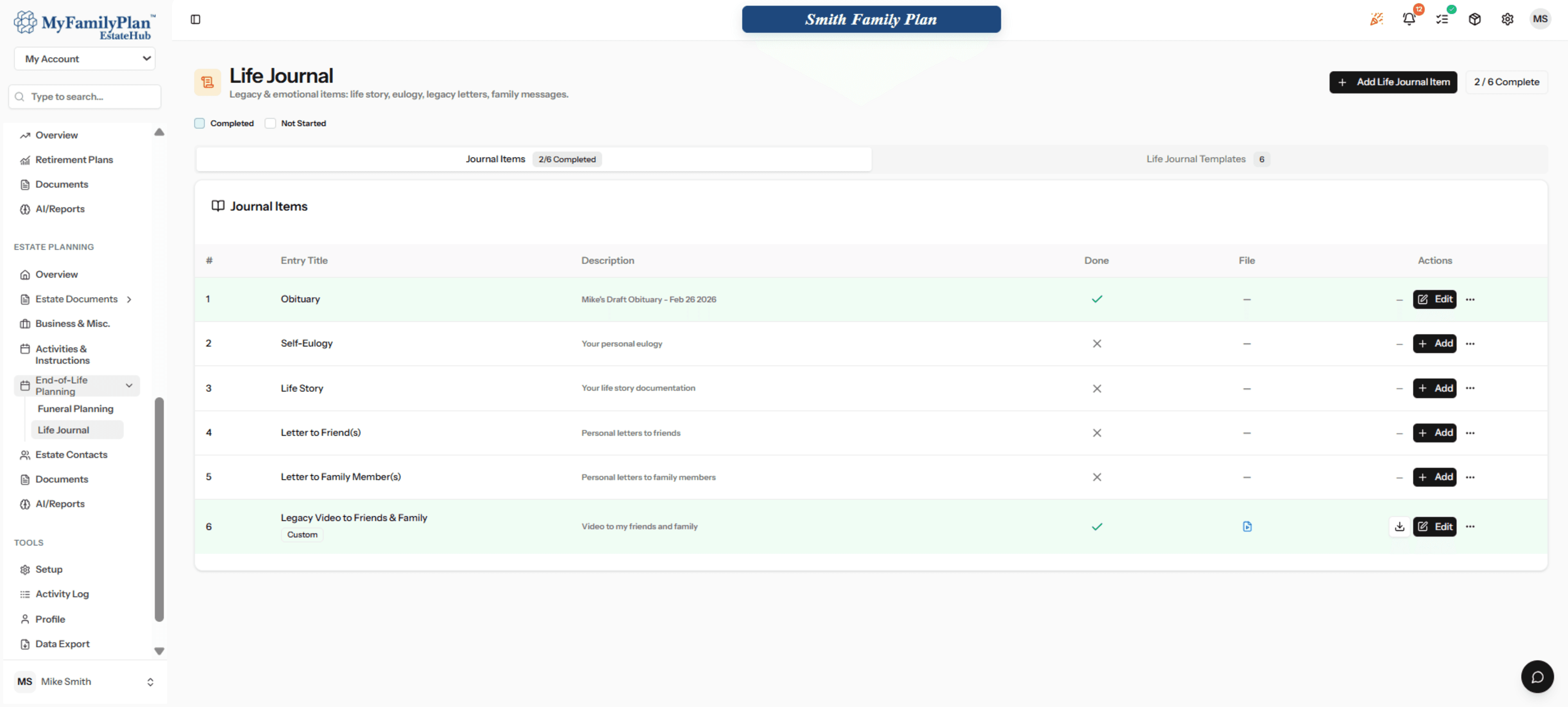 End-of-life and funeral preferences dashboard