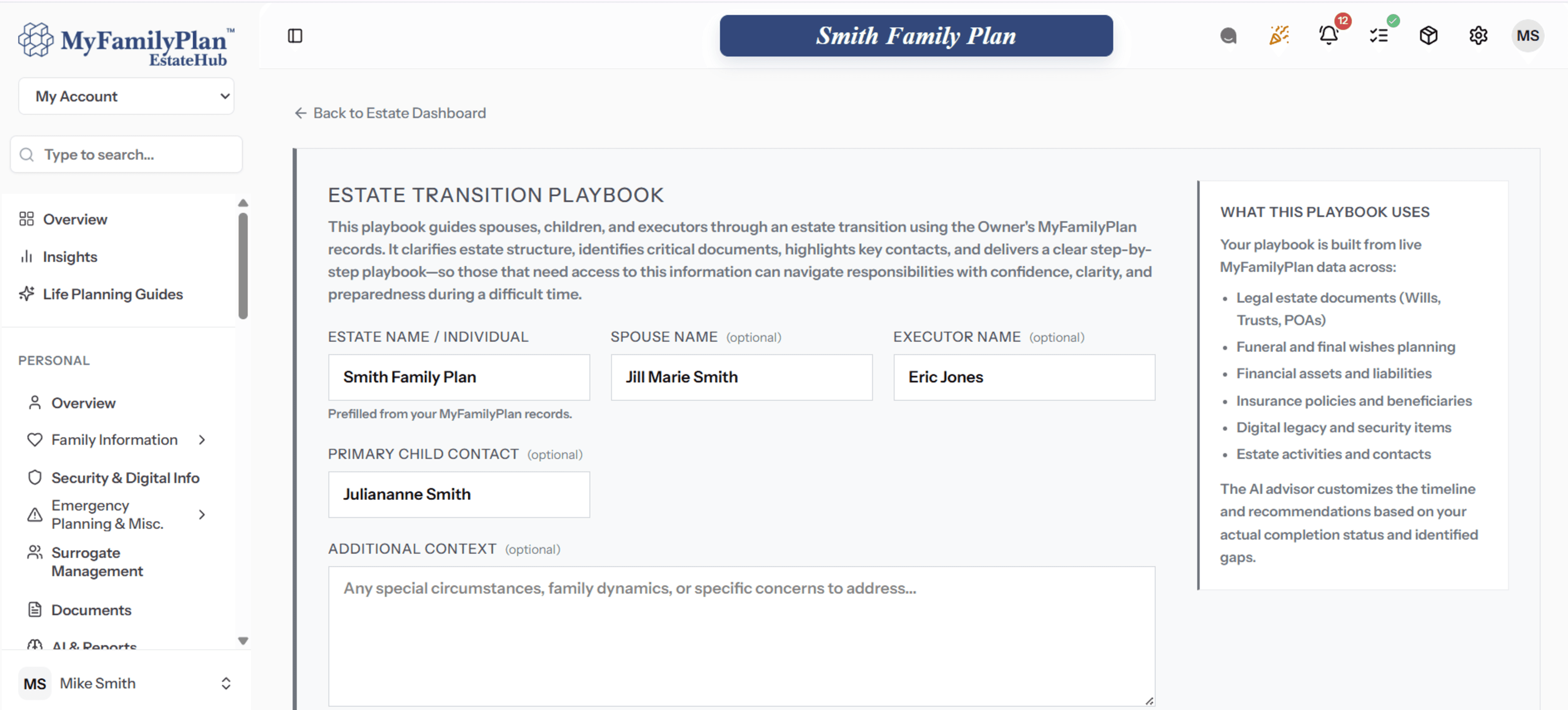 Executor guidance and probate planning dashboard